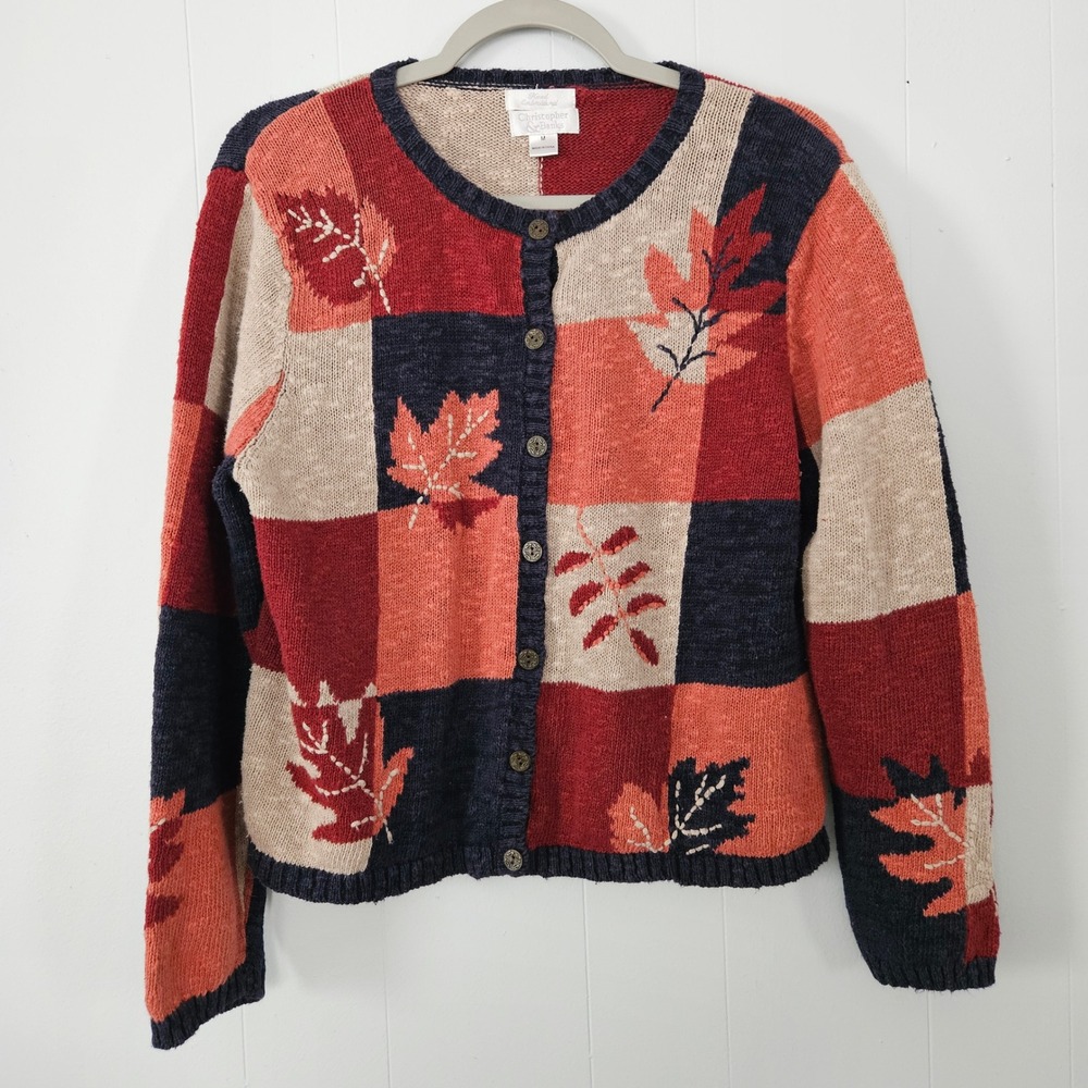 Christopher & Banks Cardigan Women Medium Hand Embroidered Leaf Patchwork Button